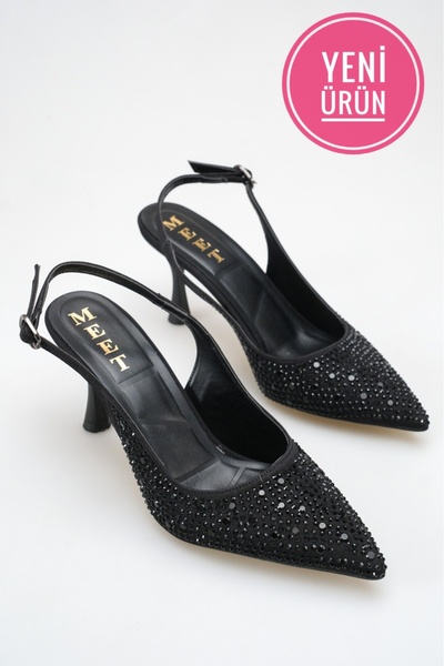 AYAKKABI MEET Kadın Siyah Taş Detaylı Kumaş Abiye Stiletto Topuklu Ayakkabı