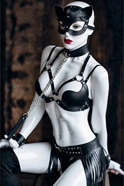 Genel Markalar Maskeli Boyun Zincirli Deri Etekli Fantezi Harness