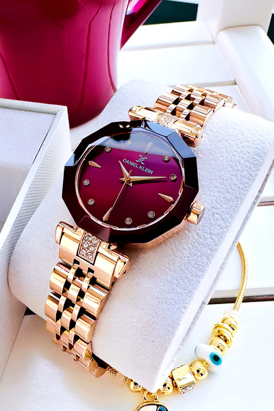 Daniel Klein Kesme Cam Kadın Kol Saati, Su Geçirmez Rose Gold Bordo Renk Çeli...