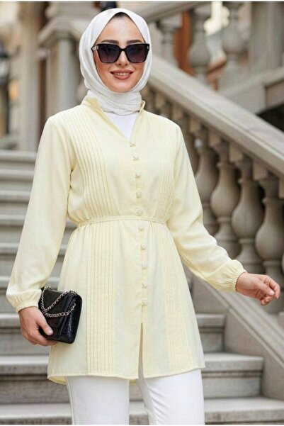 N.S NEVA STYLE Pile Detailed Yellow Hijab Tunic 20299Sr