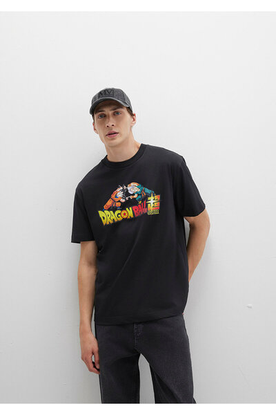 Mavi Dragon Ball Baskılı Siyah Tişört Loose Fit / Bol Rahat Kesim 0612932-900