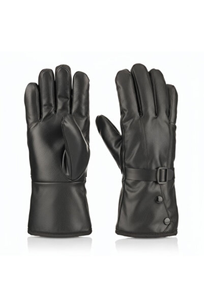 Mustran Suyutti / Unisex Black Leather Fur Gloves - Model with Zipper and Buc...