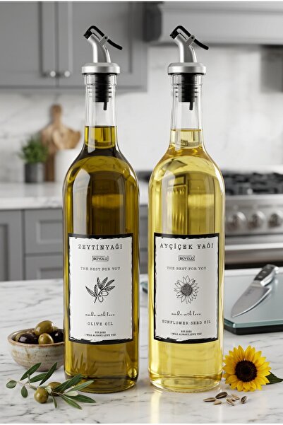BÜYÜLÜ HOME 2 li Cam 750 ML Aycicek Yağı Zeytinyağı Şişesi Damlatmaz Yağdanlı...