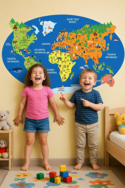 KT Decor ملصق حائط تعليمي لخريطة العالم والحيوانات وأعلام البلاد