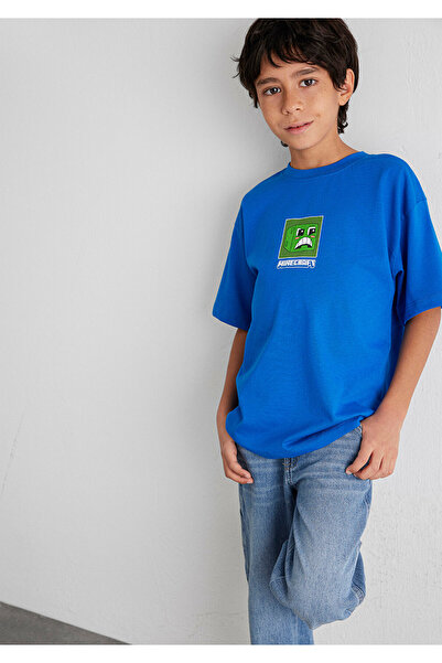 Mavi Minecraft Baskılı Mavi Tişört Oversize / Geniş Kesim 6610342-82491