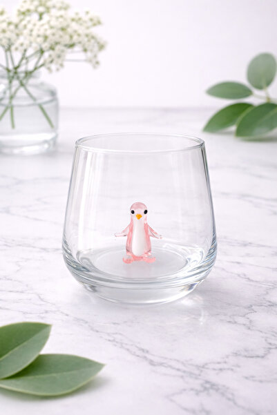 ADAMODART Penguen Cam Figürlü Su Bardağı - Pembe