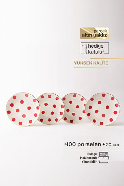 TUSE LIVING Confetti Red Gerçek Altın Yaldızlı Puantiyeli 4' lü Porselen Past...