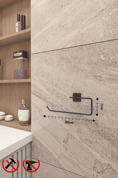 Alper Banyo Kare Siyah 5'li Set, Uzun Havluluk Halka Havluluk, Fön Makinesi Askısı, Solo Havluluk, Tuvalet Kağıtlığı