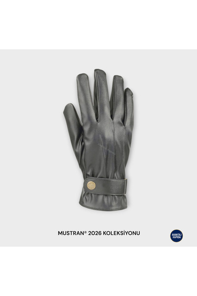 Mustran Suyutti / Unisex Black Leather Fur Gloves - Model with Zipper and Buckle Style Detail