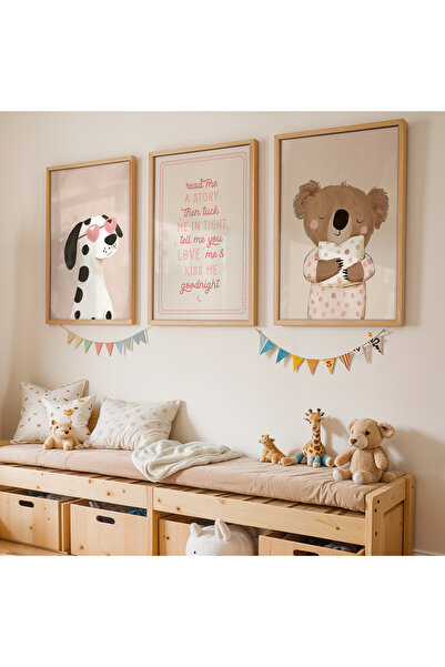 Artiera 3 Parça Bohem Köpek ve Ayıcık Kız Çocuk Odası Ahşap Çerçeveli Tablo Seti