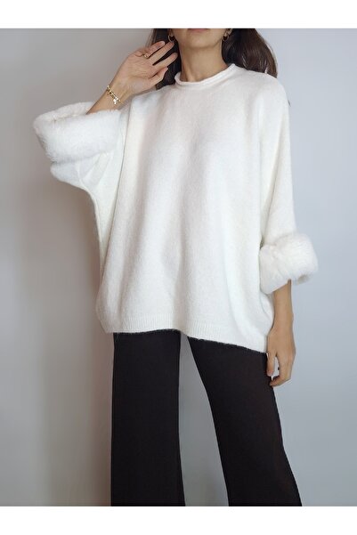oyagüler Women's White Sweater with Removable Sleeves Fur-Trimmed Lightweight...