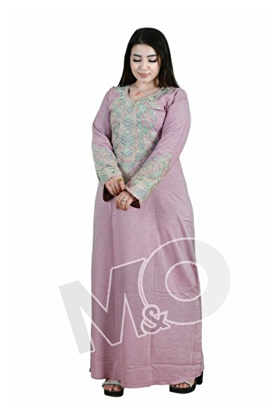 M&O 2 Cotton linen jalabiya with modern embroidery using high-quality gold si...