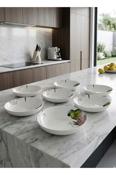 evinbizden MODERN PORSELEN 6 KİŞİLİK ŞIK YEMEK TABAKLARI KUŞ FİGÜRLÜ ÇUKUR TA...