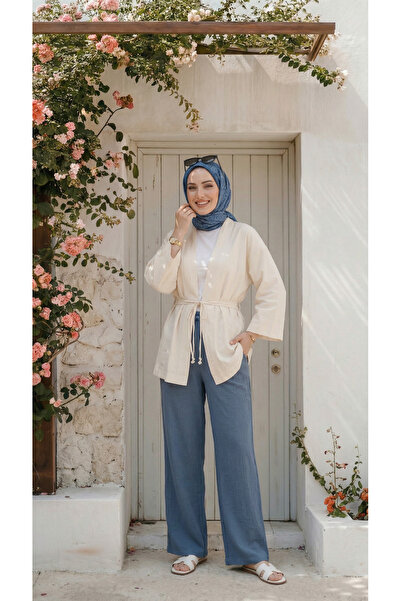 Quanlex Kadın Mavi Keten Müslin Palazzo Pantolon İç Göstermez Tesettür Giyime...