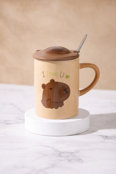 hediyeconcepti 500 ml Cute Capybara Ceramic Mug with Lid and Spoon – 4 Differ...