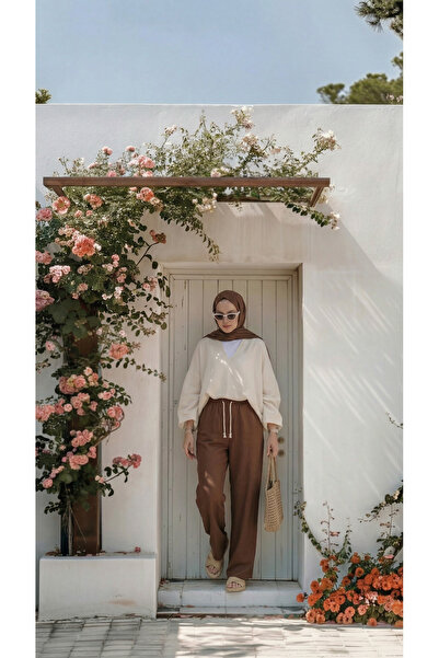 Quanlex Kadın Kahverengi Keten Müslin Palazzo Pantolon İç Göstermez Tesettür ...