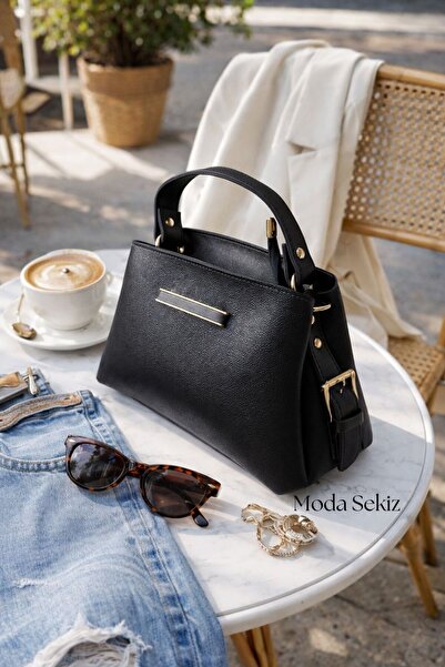 Moda Sekiz حقيبة كتف نسائية متوسطة الحجم بثلاثة أقسام مع حزام يد وحزام متقاطع...