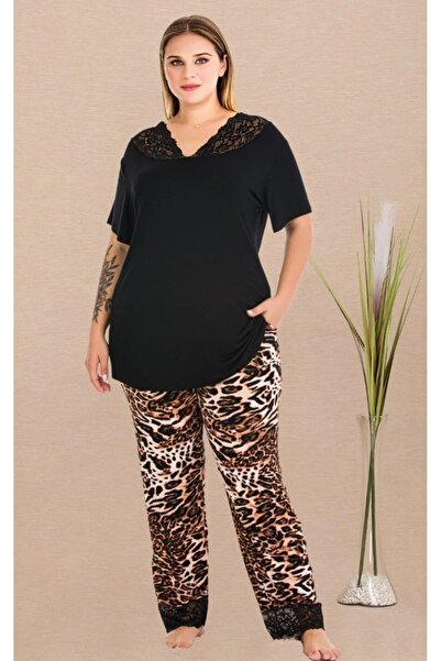 by İGP Leopard Printed Plus Size Lace Piece V-Neck Short Sleeve Pajama Set