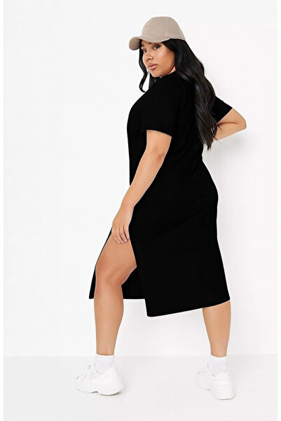 arakan Plus Size Women's Short Sleeve Side Slit Detailed Midi Length Basic Dr...