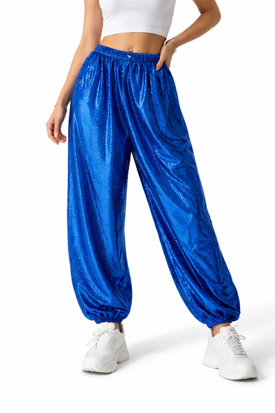 Özen Şalvar Etek Saks Mavisi Payetli Şalvar – Lastikli Bel – Parlak Sahne Kos...