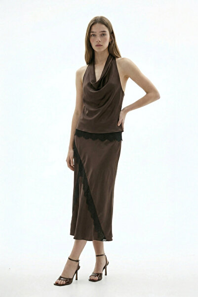 Quzu Čipka Prugasta satenska midi suknja, braon