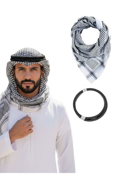 Premium شماغ كوفية رمادية للرجال مع عقال، وشاح رأس كلاسيكي نقشة مربعات مربعات...