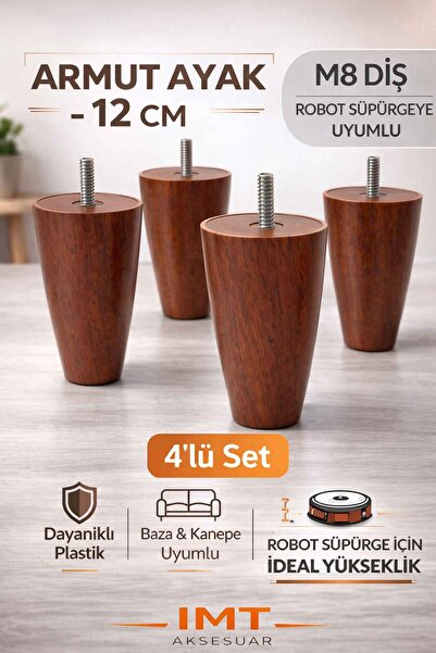 İMT AKSESUAR Armut Mobilya Ayağı 4 Adet 12 cm Ceviz Robot Süpürgeye Uyumlu Ko...