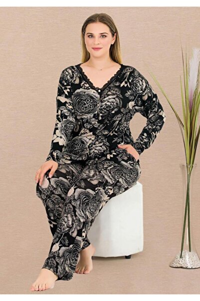 by İGP Black Patterned Button-Front Plus Size Pajama Set