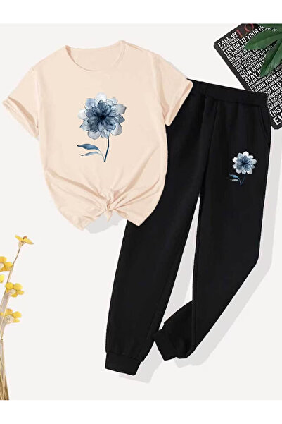 Rayan & Hoor Style Printed Sweatpants and T-shirt Top and Bottom Tracksuit Set