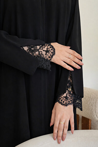 Elena Amani Abaya – Royal Black Crepe with Luxurious Lace Sleeves | Quarter-C...