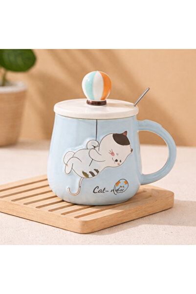 hediyeconcepti 500 ml Cute Cat Ceramic Mug with Lid and Spoon