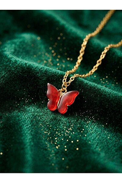 Meneva Aksesuar Gold Color Necklace with Red Butterfly Figure
