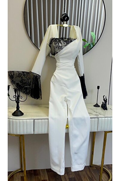 Kendallksa Royal white jumpsuit with black lace details