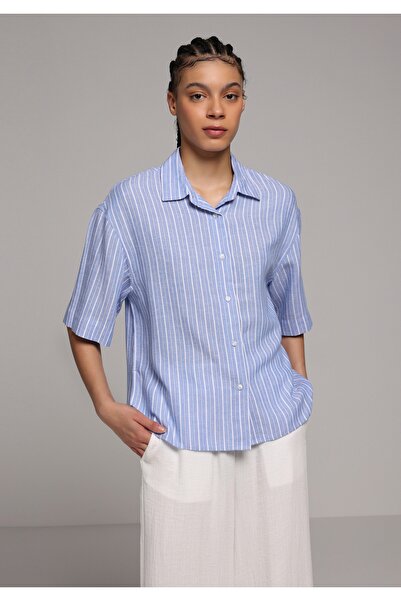 Colin's Fashion Fit Shirt Neck Striped Women's Blue Short Sleeve Shirt