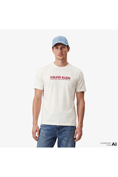Calvin Klein Erkek Logolu Basic Regular Fit Kısa Kollu Beyaz T-Shirt