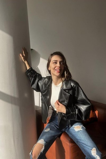 PRİFALDİ Pb Balon Kol Oversized Black Leather Jacket
