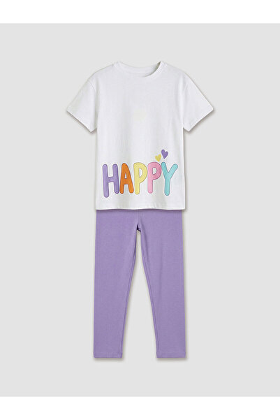 LC Waikiki Giyçık Store Purple Crew Neck Printed Girls' T-Shirt and Leggings