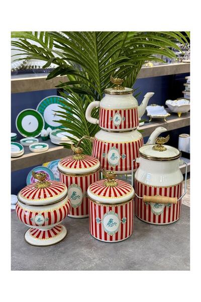 moontime alaçatı Şık 5 Parça Emaye Mutfak Seti, dayanıklı ve kullanışlı tasarım