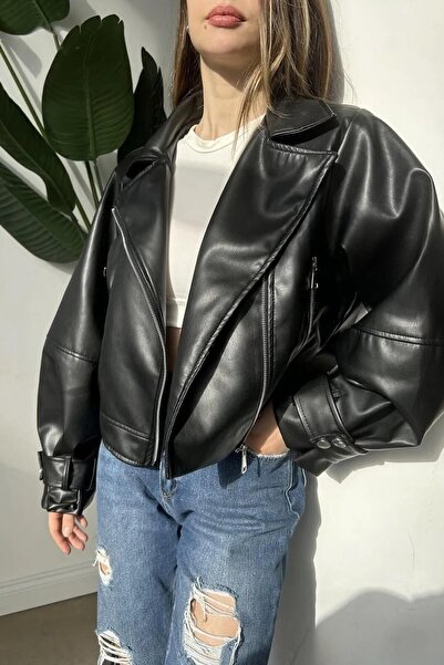 PRİFALDİ Pb BALON KOL Oversize kroj Crna Koža Jakna