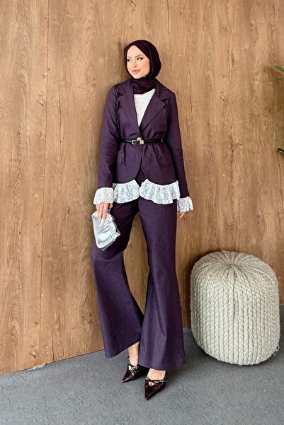 Şulemoda Giyim Lace Detailed Denim Suit Plum