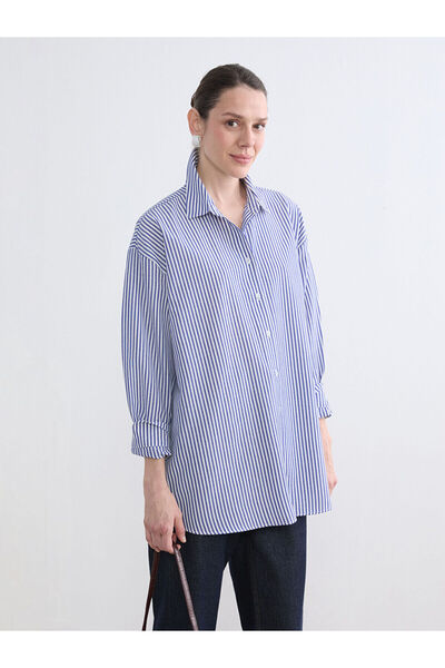 LC Waikiki Özmarka Νέα Σεζόν Ριγέ Oversize Ποπλίνα Γυναικείο Πουκάμισο Τουνίκ