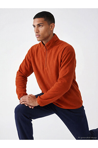 LC Waikiki Ozmarka New Season Mock Neck Embroidered Fleece Men's Sweatshirt