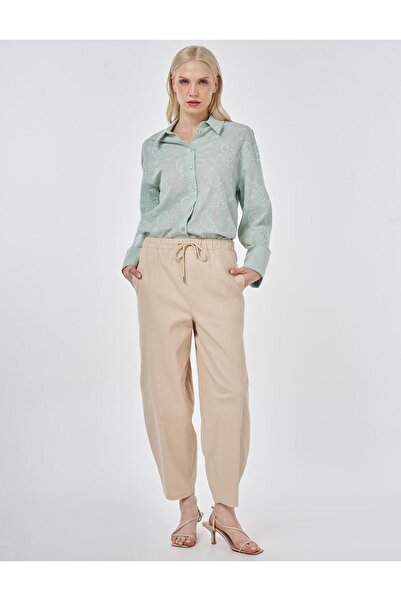 Kayra Elastic Waist Carrot Cut Trousers Beige