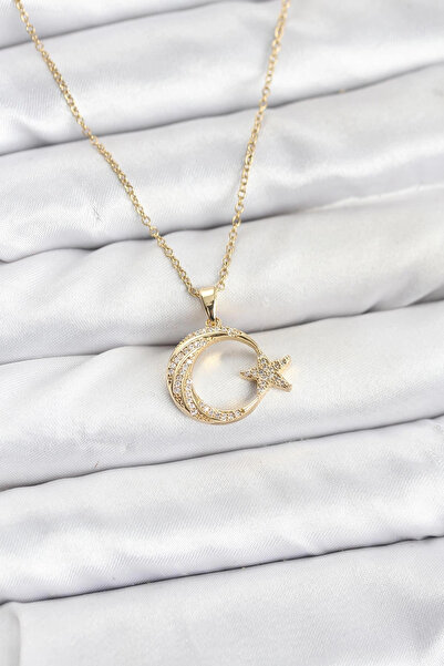 shopwave 316L Çelik Zincir Gold Renk Ay Yıldız Model Zirkon Taşlı Kadın Kolye