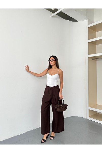QF Quasar Fashion New Season Double Pleated Double Bridged Buttoned Wide-Let Wide-Leg Palazzo Anti-Sweat 100% Linen Fabric Pants