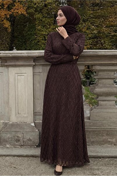 TRENDTESETTÜR KADIN KAHVE KUŞAKLI ABİYE ELBİSE T 1463