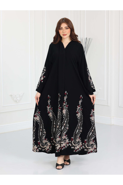 TREN Luxury Ramadan Rose Embroidered Abaya Black Flowing Festive Gown Elegant...