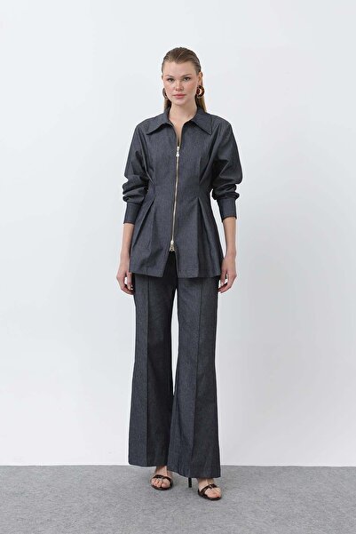 Loreen Women's Gold Zip Detail Belden Pleated Shirt and Pants Set -20651Tks -...