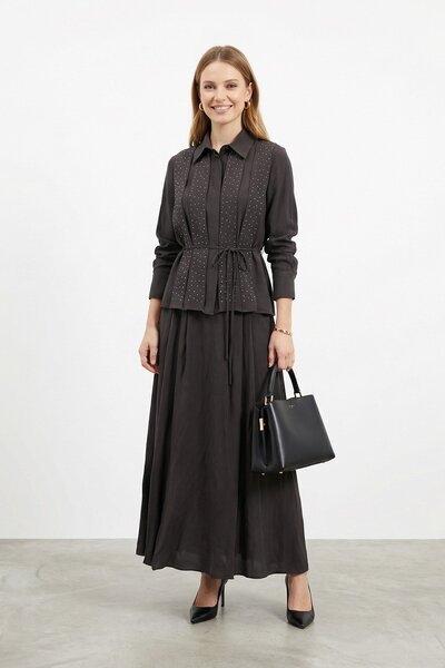 Loreen Women's Shirt Collar Button-Front and Lace Detailed Set - 20744Tks - B...