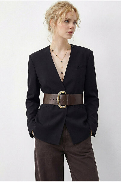 Bianco Lucci Women's Wide Belt in Double-Breasted Collar Lined Jacket 4169 60...